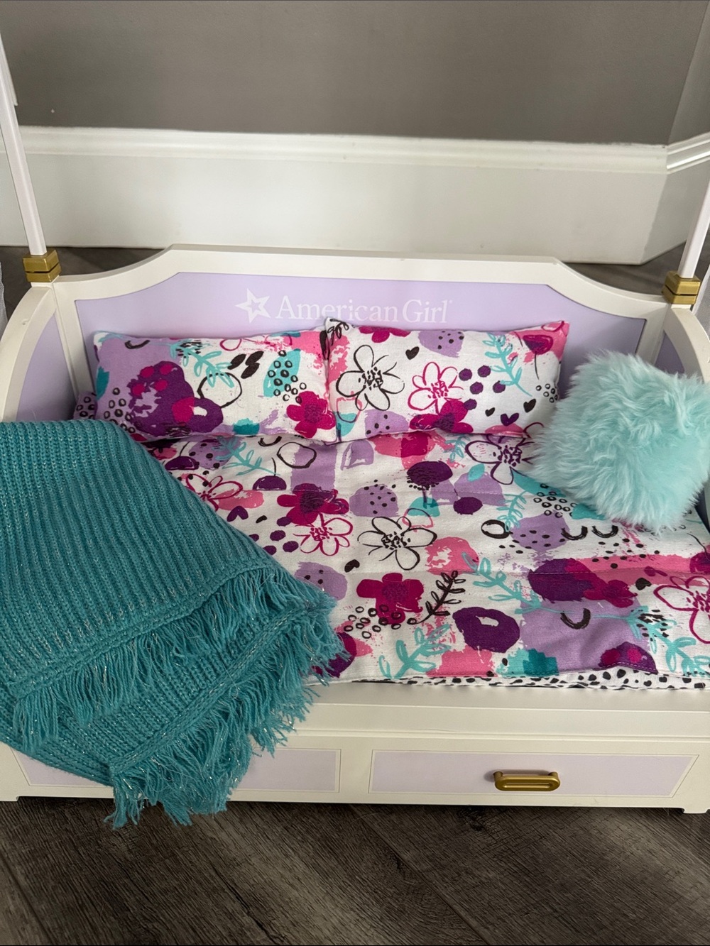 American Girl Floral Doll Bedding in Purple, Pink & Teal